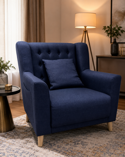 [MAI-MOB-MEU-MOM-0012] Fauteuil bleu marine capitonné avec coussin