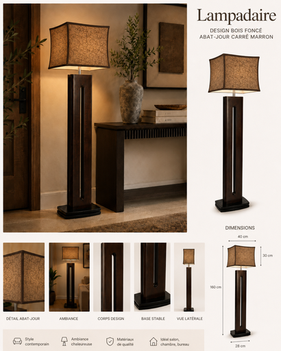 [MAI-LUM-ABA-0002] Lampadaire décoratif avec abat-jour carré marron