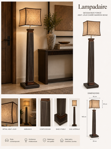 [MAI-LUM-ABA-0007] Lampadaire colonne surpiqué marron avec abat-jour carré à côtés courbés
